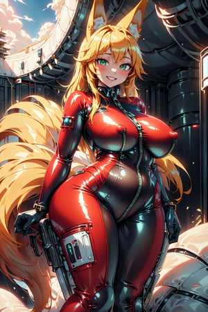 masterpiece, best quality, highres, 1girl, solo, standing, looking at viewer, curvy body, large breasts, yellow hair, long hair, fox ears, fox tail, rubbersuit, latex suit, rubber suit, bodysuit, smile, green eyes, LatexTech, scifi, inflatable, zippers
