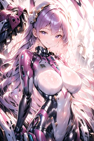 masterpiece, best quality, highres, 1girl, solo, standing, looking at viewer, large breasts, purple hair, long hair, rubbersuit, latex suit, rubber suit, bodysuit, smile, black eyes, simple background, white background, mecha