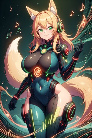 masterpiece, best quality, highres, soundwavetech, scifi, digital music, glowing frequencies, 1girl, solo, standing, looking at viewer, curvy body, large breasts, yellow hair, long hair, fox ears, fox tail, smile, green eyes