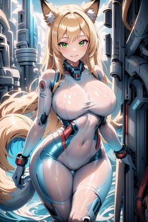 masterpiece, best quality, highres, plasttech, scifi, synthetic, transparent, 1girl, solo, standing, looking at viewer, curvy body, large breasts, yellow hair, long hair, fox ears, fox tail, rubbersuit, latex suit, rubber suit, bodysuit, smile, green eyes