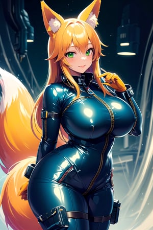 masterpiece, best quality, highres, LatexTech, scifi, inflatable, zippers, 1girl, solo, standing, looking at viewer, curvy body, large breasts, yellow hair, long hair, fox ears, fox tail, smile, green eyes