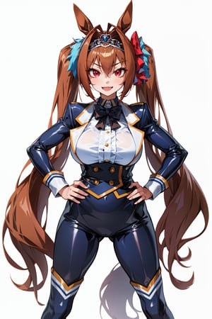 masterpiece, best quality, highres, 1girl, solo, standing, hands on hip, looking at viewer, large breasts, rubbersuit02, glossy suit, bodysuit, latex, smile, simple background, white background, daiwa scarlet (umamusume), horse ears, long hair, twintails, tiara, horse tail, very long hair, brown hair, large breasts, fang, red eyes, bangs, hair between eyes, hair bow, 