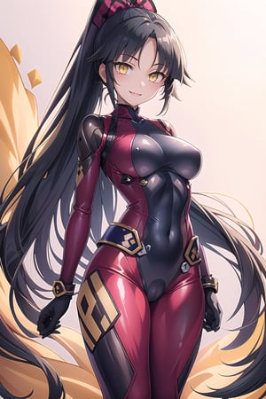 masterpiece, best quality, highres, 1girl, solo, standing, looking at viewer, large breasts, rubbersuit, latex suit, rubber suit, bodysuit, smile, simple background, white background, danzou katou, android, black hair, long hair, ponytail, (yellow eyes:1.5)