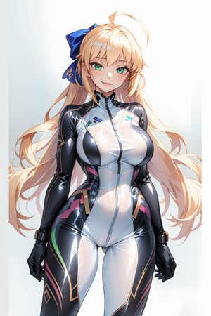 masterpiece, best quality, highres, 1girl, solo, standing, looking at viewer, large breasts, rubbersuit, latex suit, rubber suit, bodysuit, smile, simple background, white background, cccaster, long hair, ahoge, hair bow, green eyes