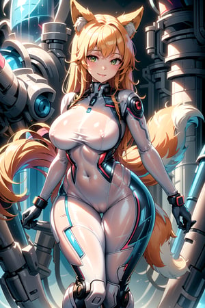 masterpiece, best quality, highres, plasttech, scifi, synthetic, transparent, 1girl, solo, standing, looking at viewer, curvy body, large breasts, yellow hair, long hair, fox ears, fox tail, rubbersuit, latex suit, rubber suit, bodysuit, smile, green eyes