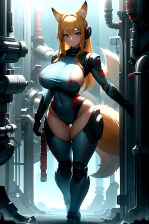 masterpiece, best quality, highres, plasttech, scifi, synthetic, transparent, 1girl, solo, standing, looking at viewer, curvy body, large breasts, yellow hair, long hair, fox ears, fox tail, smile, green eyes