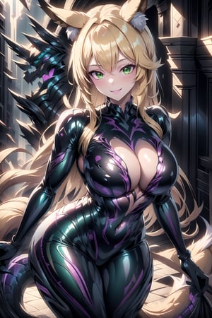 masterpiece, best quality, highres, draconictech, scifi, obsidian, iridescent, scaly, 1girl, solo, standing, looking at viewer, curvy body, large breasts, yellow hair, long hair, fox ears, fox tail, rubbersuit, latex suit, rubber suit, bodysuit, smile, green eyes