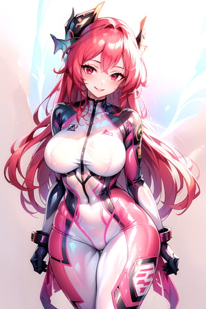 masterpiece, best quality, highres, 1girl, solo, standing, looking at viewer, large breasts, rubbersuit, latex suit, rubber suit, bodysuit, smile, simple background, white background, AngeVG, red hair, long hair, red eyes, head fins