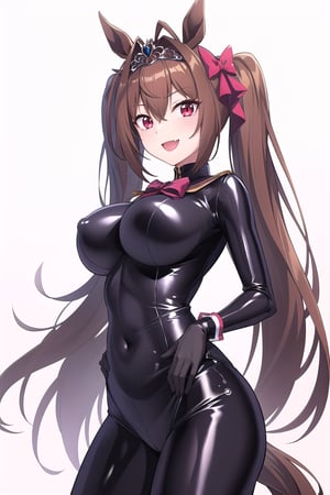 masterpiece, best quality, highres, 1girl, solo, standing, looking at viewer, large breasts, smile, simple background, white background, LatexConcept, bodysuit, skin tight, latex, black bodysuit, shiny clothes, shiny, covered navel, daiwa scarlet (umamusume), horse ears, long hair, twintails, tiara, horse tail, very long hair, brown hair, large breasts, fang, red eyes, bangs, hair between eyes, hair bow