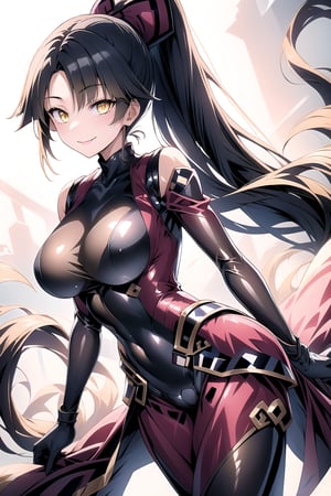 masterpiece, best quality, highres, 1girl, solo, standing, looking at viewer, large breasts, rubbersuit, latex suit, rubber suit, bodysuit, smile, simple background, white background, danzou katou, android, black hair, long hair, ponytail, (yellow eyes:1.5)