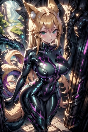 masterpiece, best quality, highres, 1girl, solo, standing, looking at viewer, curvy body, large breasts, yellow hair, long hair, fox ears, fox tail, rubbersuit, latex suit, rubber suit, bodysuit, smile, green eyes, draconictech, scifi, obsidian, iridescent, scaly