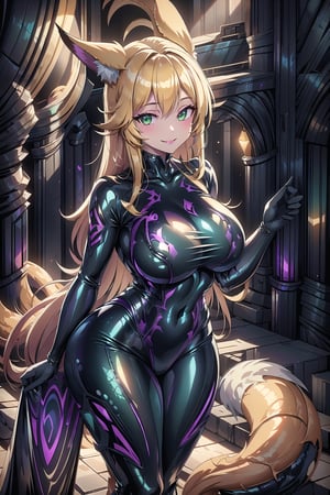 masterpiece, best quality, highres, draconictech, scifi, obsidian, iridescent, scaly, 1girl, solo, standing, looking at viewer, curvy body, large breasts, yellow hair, long hair, fox ears, fox tail, rubbersuit, latex suit, rubber suit, bodysuit, smile, green eyes