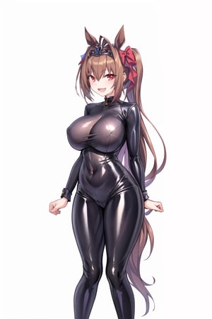 masterpiece, best quality, highres, 1girl, solo, standing, looking at viewer, large breasts, smile, simple background, white background, LatexConcept, bodysuit, skin tight, latex, black bodysuit, shiny clothes, shiny, covered navel, daiwa scarlet (umamusume), horse ears, long hair, twintails, tiara, horse tail, very long hair, brown hair, large breasts, fang, red eyes, bangs, hair between eyes, hair bow,BloodOrangeMix 