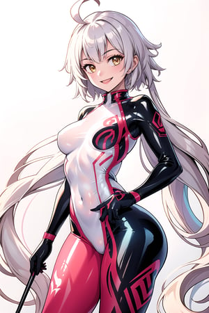 masterpiece, best quality, highres, 1girl, solo, standing, looking at viewer, medium breasts, rubbersuit, latex suit, rubber suit, bodysuit, shrug \(clothing\), cropped jacket, smile, simple background, white background, jeannebrskr, ahoge