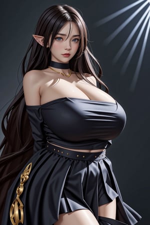 masterpiece, detailed, 1girl, studio light, stylish background, huge breasts, long_hair, pointy ears, blue eyes, seductive_pose, choker, necklace, (dark hair), style, sagging breasts, skirt, belt, b1mb0, concept,<lora:659111690174031528:1.0>