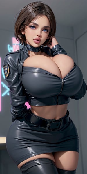 studio light, stylish background, huge breasts, short_hair, blue eyes, BimboMakeup, atb, perfect hands, seductive_pose, blue blouse, 
 black belt, leather jacket, mini skirt, choker, b1mb0, police_uniform, badge, pantyhose, pink lips