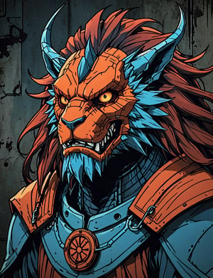 (close up, head and shoulders portrait:1.5), red, orange, blue gradient ,(anthropomorphic manticore robot :1.5), (angular shapes:1.7), samurai, wearing samurai armor, (strong outline sketch style:1.5), symmetrical features, gritty fantasy, (darkest dungeon art style :1.4), dark muted background, detailed, one_piece_wano_style, Dark Manga of,anime screencap,Dark Anime of