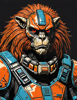 (close up, head and shoulders portrait:1.5), An extremely detailed 1970s retro-future anthropomorphic (trooper :1.2) (manticore :1.4) robot, centered, (strong outline sketch style:1.5), (flat silkscreen art style:1.8), solid dark background, red, orange, sapphire, black and white tones, masterpiece, epic, by pascal blanche rutkowski repin artstation painting concept art of detailed character design matte painting, 4 k resolution blade runner, dark muted background, detailed, comic book,dcas_lora