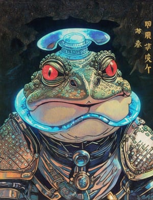 (head and shoulders portrait:1.2), (anthropomorphic toad:1.3) as a warrior, zorro mask, holographic glowing eyes, wearing sci-fi outfit , surreal fantasy, close-up view, chiaroscuro lighting, no frame, hard light,Ukiyo-e