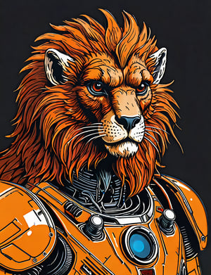 (close up, head and shoulders portrait:1.5), An extremely detailed 1970s retro-future anthropomorphic (marmot :1.2) (manticore :1.4) robot, centered, (strong outline sketch style:1.5), (flat silkscreen art style:1.9), (solid dark background:1.2), (red, orange, sapphire, black and white tones), masterpiece, epic, by pascal blanche rutkowski repin artstation painting concept art of detailed character design matte painting, 4 k resolution blade runner, dark muted background, detailed, comic book,dcas_lora