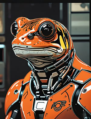 (close up, head and shoulders portrait:1.5), An extremely detailed 1970s retro-future anthropomorphic (frog:1.2) (tiger:1.2) robot, centered, (strong outline sketch style:1.5), (flat silkscreen art style:1.4), minimal dark background, red, orange, black and white tones, masterpiece, epic, sharp focus,, by pascal blanche rutkowski repin artstation painting concept art of detailed character design matte painting, 4 k resolution blade runner, dark muted background, detailed, comic book,dcas_lora