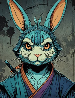 (close up, head and shoulders portrait:1.5), orange, teal, blue, violet gradient , (anthromorphic rabbit :1.5), samurai, wearing samurai armor, (strong outline sketch style:1.5), symmetrical features, gritty fantasy, (darkest dungeon art style :1.4), dark muted background, detailed,one_piece_wano_style,Dark Manga of