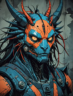 (close up, head and shoulders portrait:1.5), red, orange, blue gradient ,(anthropomorphic centipede manticore biomechanical robot :1.5), (angular shapes:1.7), samurai, wearing samurai armor, (strong outline sketch style:1.5), symmetrical features, gritty fantasy, (darkest dungeon art style :1.4), dark muted background, detailed, Dark Manga of,Dark Anime of