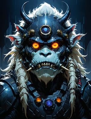 art by simon bisley, art by ralph steadman, art by vallejo, a masterpiece, stunning detail, (head and shoulders portrait:1.3), (anthropomorphic (death trooper:1.3)  (yeti :1.7) oni :1.3), large oni_horns, neuromancer, cyberpunk, holographic glowing, glowing eyes, wearing black leather armor, creature fur scales , dark background , tangerine , gold , and sapphire color scheme 