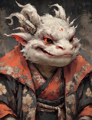 (close up, head and shoulders portrait:1.3), anthromorphic ( toad :1.2), oni_horns, monk , monk robes, brown, tangerine red, white and black color scheme , (dark background:1.2), Disney pixar style,Ukiyo-e,ink,colorful,shogun