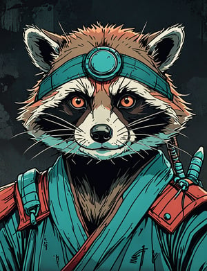 (close up, head and shoulders portrait:1.5), red, orange, green, teal, aqua, blue, violet gradient ,(anthromorphic raccoon :1.5), samurai, wearing samurai armor, (strong outline sketch style:1.5), symmetrical features, gritty fantasy, (darkest dungeon art style :1.4), dark muted background, detailed, one_piece_wano_style, Dark Manga of,anime screencap,Dark Anime of