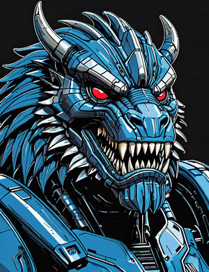 (close up, head and shoulders portrait:1.5), An extremely detailed 1970s retro-future anthropomorphic (megatron :1.2) (manticore :1.4) robot, centered, (strong outline sketch style:1.5), (flat silkscreen art style:1.9), (solid dark background:1.2), (retro color scheme), masterpiece, epic, by pascal blanche rutkowski repin artstation painting concept art of detailed character design matte painting, 4 k resolution blade runner, dark muted background, detailed, comic book,dcas_lora