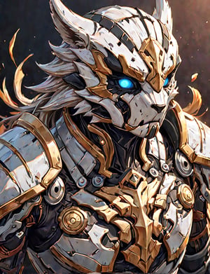 (head and shoulders portrait:1.2), a Warforged badger , sentient construct of gleaming white and black metal and gears, is dressed in intricately detailed armor. dark background , Inspired by the art of Destiny 2 and the style of Guardians of the Galaxy,art_booster
