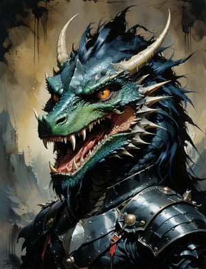 art by simon bisley, art by ralph steadman, art by vallejo, a masterpiece, stunning detail, (head and shoulders portrait:1.3), (anthropomorphic (dragon1.4)  (ape :1.2) :1.3), supreme wearing black leather armor, creature fur scales , dark background 