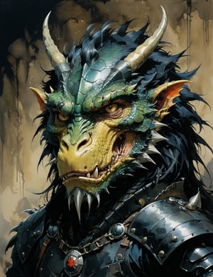 art by simon bisley, art by ralph steadman, art by vallejo, a masterpiece, stunning detail, (head and shoulders portrait:1.3), (anthropomorphic (dragon1.4)  (ape :1.5) :1.3), supreme wearing black leather armor, creature fur scales , dark background 