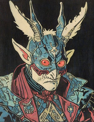 (head and shoulders portrait:1.2), (anthropomorphic wolpertinger :1.3) as a vampire hunter , zorro mask, holographic glowing eyes, wearing sci-fi outfit , surreal fantasy, close-up view, chiaroscuro lighting, no frame, hard light,Ukiyo-e