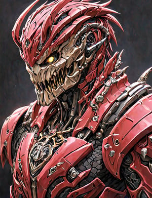 (head and shoulders portrait:1.2), a Warforged cobra , sentient construct of gleaming ruby and black metal and gears, is dressed in intricately detailed armor. dark background , Inspired by the art of Destiny 2 and the style of Guardians of the Galaxy,art_booster