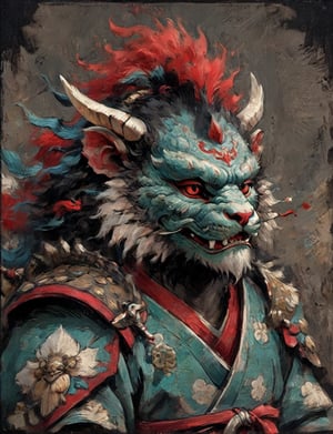 (close up, head and shoulders portrait:1.3), anthromorphic ( manticore :1.4) neck and chest fur, samurai helmet, oni_horns, samurai , black samurai armor, red, aqua, green, blue , white and black color scheme , (dark background:1.2), Disney pixar style,Ukiyo-e,ink,colorful,shogun