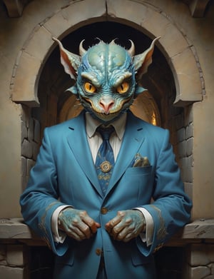 creative magic creature art, creature fusion ( tarsier :0.7) (dragon :1.8), (bioluminescence :2), wearing business suit, glowing eyes, head and shoulders portrait , hyper-detailed oil painting, art by Greg Rutkowski and (Norman Rockwell:1.5) , illustration style, symmetry , inside a medieval dungeon, cracked stone walls , huayu