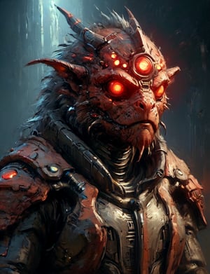 (close up, head and shoulders portrait:1.3), anthromorphic, High tech cybernetic (dragon:1.2) (mite:1.7), multi Eyes,Glowing mechanical eyes, high-tech cybernetic body, futuristic power armor, bounty hunter ,xl_cpscavred,mad-cyberspace,cyberpunk