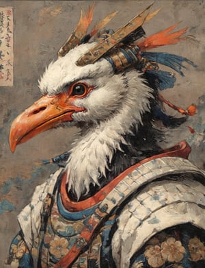 (close up, head and shoulders portrait:1.3), anthromorphic ( stork :1.6), oni_horns, samurai , samurai armor , brown, tangerine, sapphire , white and black color scheme , (dark background:1.2), Ukiyo-e,ink,colorful,shogun