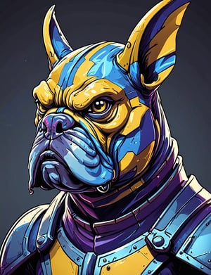 (close up, head and shoulders portrait:1.3), yellow and blue gradient , (anthromorphic bulldog pterodactyl :1.6), wearing blue and violet sci-fi polycarbonate armor, (strong outline sketch style:1.5), gritty fantasy, (darkest dungeon art style :1.4), dark muted background, detailed