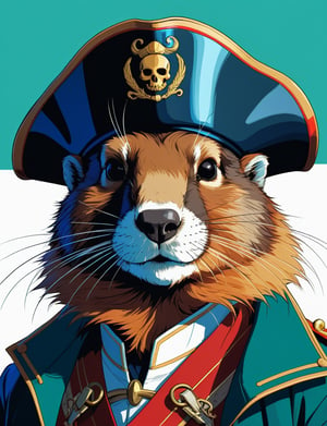 head and shoulders portrait, anthromorphic marmot , captain pirate, 80s anime style, glitch art, flat colors, key visual, vibrant, studio anime, minimalistic, (style of Charlie Bowater, (style of moebius:1.2):1.15), 
