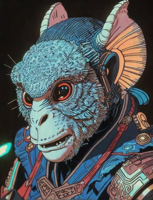 (head and shoulders portrait:1.2), (anthropomorphic marmoset :1.3) as a warrior, zorro mask, holographic glowing eyes, wearing sci-fi outfit , surreal fantasy, close-up view, chiaroscuro lighting, no frame, hard light,Ukiyo-e