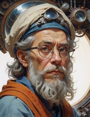 Sci-fi wild eyed wizard wearing half-rim spectacles, looking intently at the viewer, long beard , head and shoulders portrait , hyper-detailed oil painting, art by Greg Rutkowski and (Norman Rockwell:1.5) , illustration style, symmetry , inside alien starship interior , huayu
