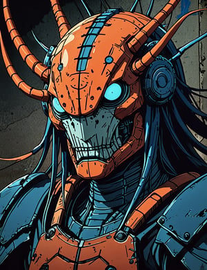 (close up, head and shoulders portrait:1.5), red, orange, blue gradient ,(anthropomorphic centipede robot :1.5), (angular shapes:1.7), samurai, wearing samurai armor, (strong outline sketch style:1.5), symmetrical features, gritty fantasy, (darkest dungeon art style :1.4), dark muted background, detailed, one_piece_wano_style, Dark Manga of,anime screencap,Dark Anime of