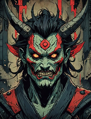 (close up, head and shoulders portrait:1.5), colorful ,(demon aku :1.5), (angular shapes:1.7), samurai, wearing samurai armor, (strong outline sketch style:1.5), symmetrical features, gritty fantasy, (darkest dungeon art style :1.4), dark muted background, detailed, Dark Manga of,Dark Anime of,comic book