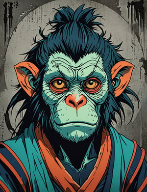 (close up, head and shoulders portrait:1.5), red, orange, green, teal, aqua, blue, violet gradient ,(anthromorphic crested mona monkey :1.5), samurai, wearing samurai armor, (strong outline sketch style:1.5), symmetrical features, gritty fantasy, (darkest dungeon art style :1.4), dark muted background, detailed, one_piece_wano_style, Dark Manga of,anime screencap,Dark Anime of