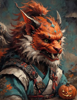 (close up, head and shoulders portrait:1.3), anthromorphic ( manticore :1.4) (neck and chest fur:1.5), (wearing a jack-o-lantern mask;1.7), jack-o-lantern , samurai helmet, oni_horns, samurai , black samurai armor, red, aqua, orange, blue , white and black color scheme , (dark Halloween background:1.2), Disney pixar style,Ukiyo-e,ink,colorful,shogun