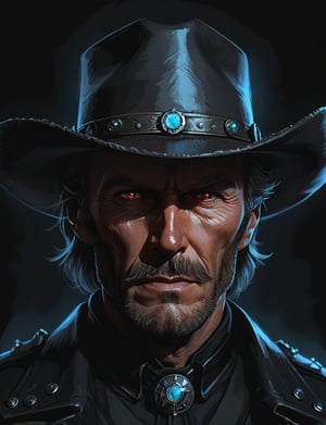 (head and shoulders portrait:1.2), Clint Eastwood as vampire cowboy , (wide handlebar mustache:1.3), cowboy hat , holographic glowing eyes, wearing power armor outfit , (outline sketch style:1.5), surreal fantasy, close-up view, chiaroscuro lighting, no frame, hard light,Expressiveh,concept art,dark theme