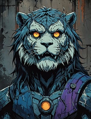 (close up, head and shoulders portrait:1.3), tangerine, onyx, blue, violet gradient , (anthromorphic yeti tiger , made of metal :1.6), metal robot, wearing iridescent sci-fi polycarbonate armor, (strong outline sketch style:1.5), symmetrical features, gritty fantasy, (darkest dungeon art style :1.4), dark muted background, detailed,Dark Manga of